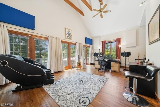 17 N Ridge Rd, Denville Twp, NJ 07834 - living room with french doors, high vaulted ceiling, beamed ceiling, plenty of natural light, and a ceiling fan