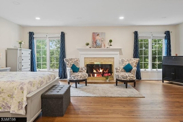 17 N Ridge Rd, Denville Twp, NJ 07834 - bedroom featuring wood finished floors, multiple windows, a glass covered fireplace, and recessed lighting