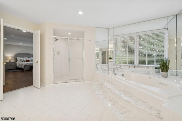 17 N Ridge Rd, Denville Twp, NJ 07834 - full bathroom featuring connected bathroom, a bath, a stall shower, tile patterned flooring, and recessed lighting