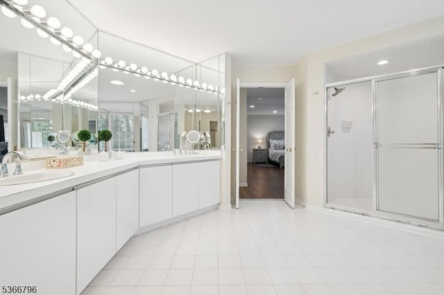 17 N Ridge Rd, Denville Twp, NJ 07834 - ensuite bathroom featuring double vanity, a shower stall, and recessed lighting