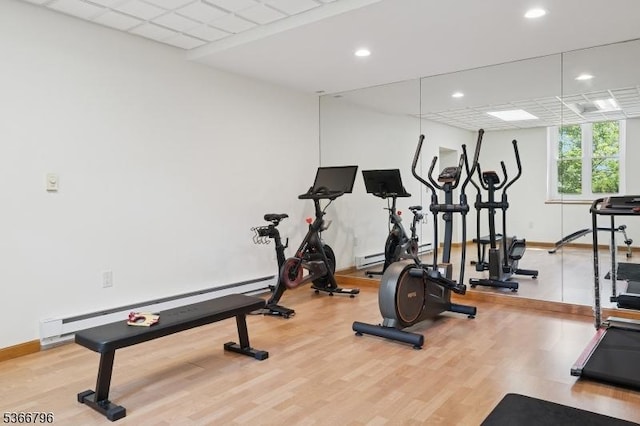 17 N Ridge Rd, Denville Twp, NJ 07834 - exercise area with a baseboard radiator, recessed lighting, and wood finished floors