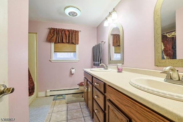 4 Panorama Dr, Vernon Twp, NJ 07461 - full bath featuring a baseboard heating unit, double vanity, and a shower with curtain