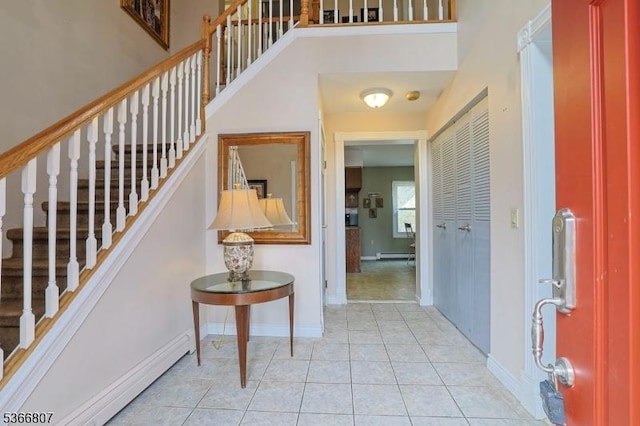4 Panorama Dr, Vernon Twp, NJ 07461 - entrance foyer with a baseboard radiator, stairway, light tile patterned floors, and baseboard heating
