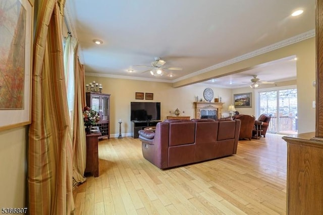 4 Panorama Dr, Vernon Twp, NJ 07461 - living area with ceiling fan, light wood-style flooring, a fireplace, crown molding, and recessed lighting