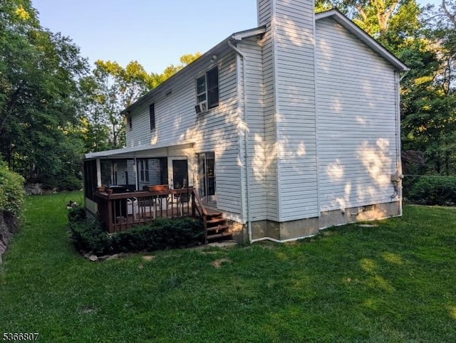 4 Panorama Dr, Vernon Twp, NJ 07461 - view of home's exterior with a wooden deck, a chimney, and a yard