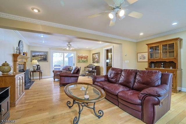 4 Panorama Dr, Vernon Twp, NJ 07461 - living area with ceiling fan, light wood-style floors, recessed lighting, a fireplace, and crown molding