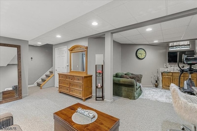 40 Lancelot Dr, Berkeley Heights Twp, NJ 07922 - carpeted living room featuring stairs and recessed lighting