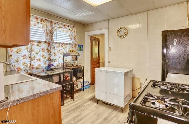 10-12 Medbourne Ave, Irvington Twp, NJ 07111 - kitchen featuring freestanding refrigerator, light wood-style flooring, gas range, a drop ceiling, and light countertops