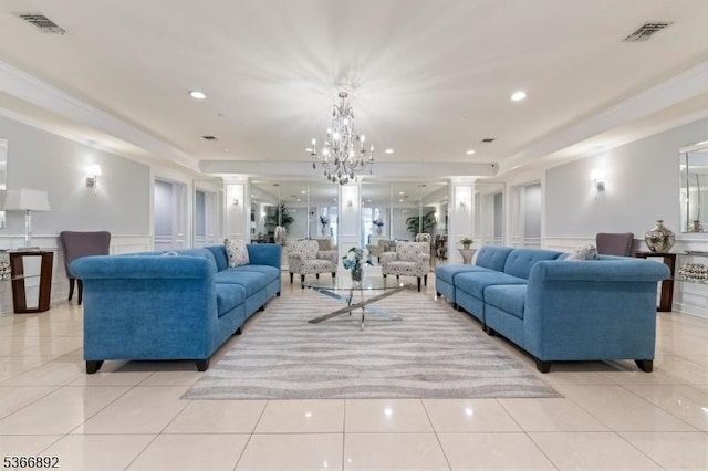 7303 Ravenscroft Rd Unit 7303, Clifton City, NJ 07013 - living area featuring a decorative wall, wainscoting, light tile patterned floors, a chandelier, and ornamental molding