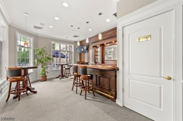 7303 Ravenscroft Rd Unit 7303, Clifton City, NJ 07013 - indoor dry bar featuring light colored carpet, ornamental molding, recessed lighting, a decorative wall, and pendant lighting