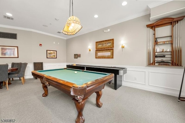 7303 Ravenscroft Rd Unit 7303, Clifton City, NJ 07013 - playroom featuring carpet flooring, ornamental molding, billiards table, wainscoting, and a decorative wall