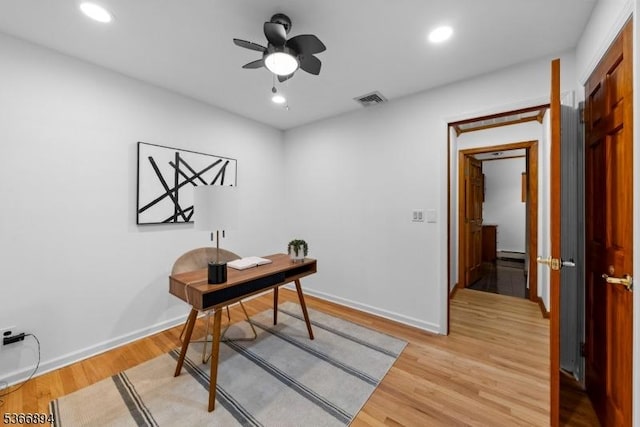 11 Hillcrest Blvd, Warren Twp, NJ 07059 - office area with light wood-type flooring, ceiling fan, recessed lighting, and a baseboard heating unit