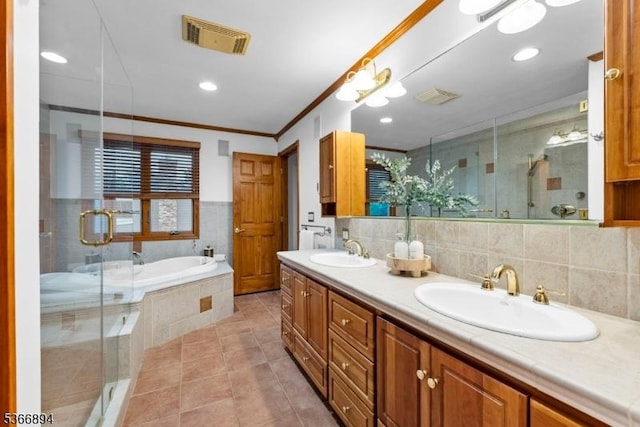 11 Hillcrest Blvd, Warren Twp, NJ 07059 - full bathroom featuring a garden tub, tile patterned flooring, double vanity, a stall shower, and crown molding