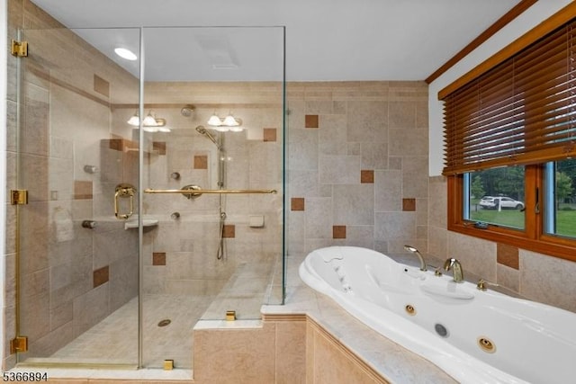 11 Hillcrest Blvd, Warren Twp, NJ 07059 - full bathroom with a tub with jets, a stall shower, and tile walls
