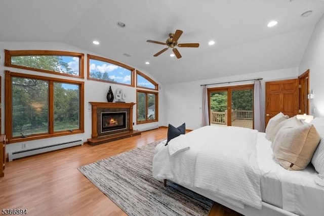 11 Hillcrest Blvd, Warren Twp, NJ 07059 - bedroom with a baseboard radiator, lofted ceiling, wood finished floors, a glass covered fireplace, and recessed lighting