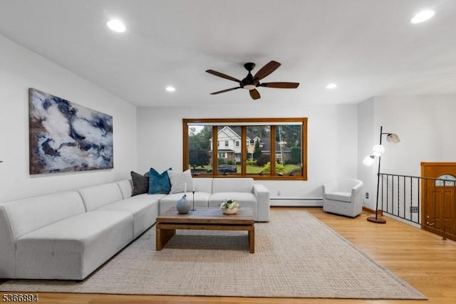 11 Hillcrest Blvd, Warren Twp, NJ 07059 - living room featuring wood finished floors, recessed lighting, ceiling fan, and a baseboard radiator