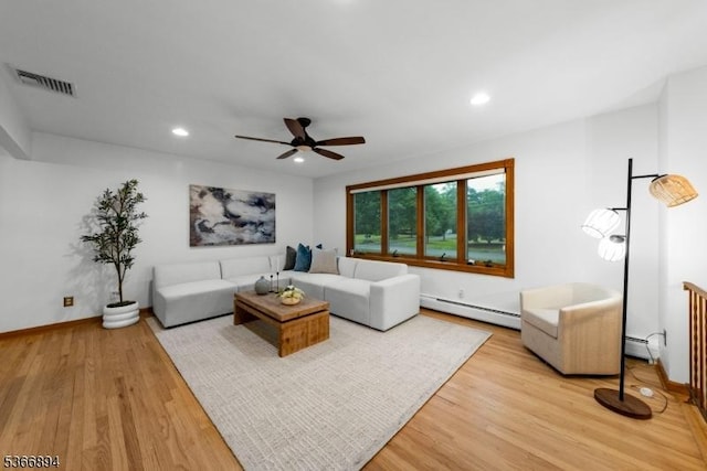 11 Hillcrest Blvd, Warren Twp, NJ 07059 - living room featuring a baseboard heating unit, ceiling fan, light wood-style flooring, and recessed lighting
