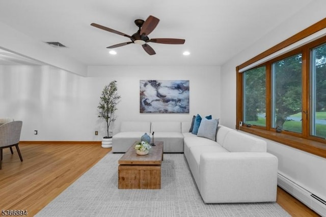 11 Hillcrest Blvd, Warren Twp, NJ 07059 - living room featuring a baseboard radiator, wood finished floors, recessed lighting, and ceiling fan