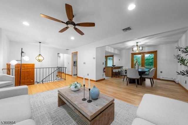 11 Hillcrest Blvd, Warren Twp, NJ 07059 - living room with a chandelier, light wood-style flooring, ceiling fan, recessed lighting, and baseboard heating