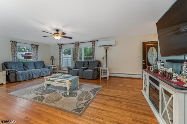 417 Mountain Rd, Readington Twp, NJ 08833 - living room featuring a baseboard radiator, a wall mounted air conditioner, a ceiling fan, and light wood finished floors