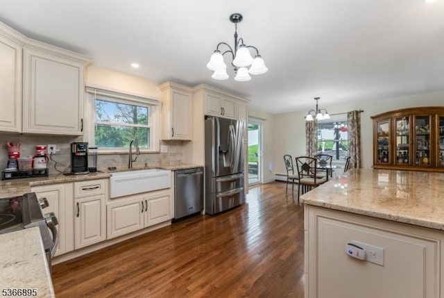 417 Mountain Rd, Readington Twp, NJ 08833 - kitchen featuring a chandelier, appliances with stainless steel finishes, healthy amount of natural light, dark wood finished floors, and recessed lighting