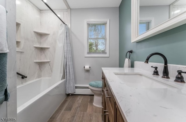 417 Mountain Rd, Readington Twp, NJ 08833 - bathroom with wood finished floors, vanity, shower / bath combo with shower curtain, and a baseboard heating unit