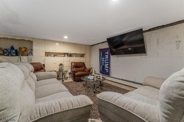 417 Mountain Rd, Readington Twp, NJ 08833 - living area featuring baseboard heating, concrete block wall, and recessed lighting