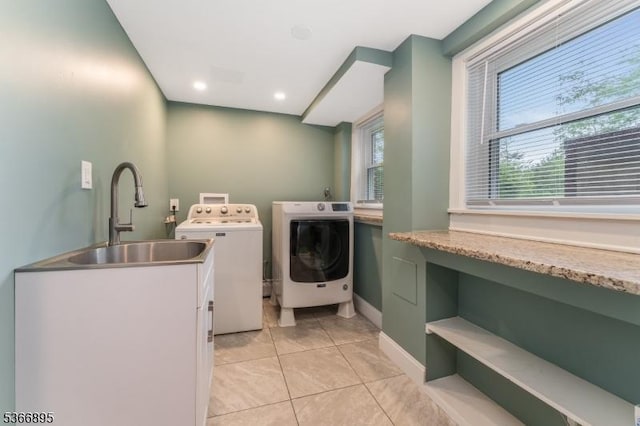 417 Mountain Rd, Readington Twp, NJ 08833 - laundry area with washing machine and clothes dryer, light tile patterned floors, cabinet space, and recessed lighting