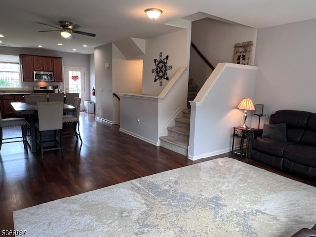 108 Creekside Way, Burlington Twp, NJ 08016 - living area with dark wood-type flooring, a ceiling fan, stairs, and recessed lighting