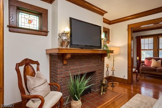 227 Parker Ave, Maplewood Twp, NJ 07040 - sitting room featuring crown molding, wood finished floors, and a brick fireplace