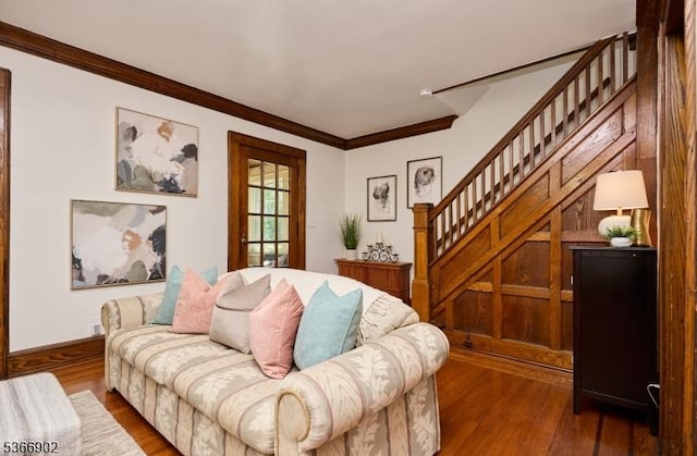 227 Parker Ave, Maplewood Twp, NJ 07040 - living area featuring stairs, wood finished floors, and crown molding