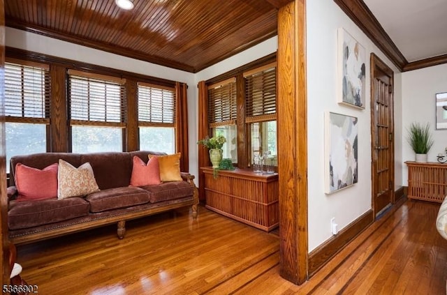 227 Parker Ave, Maplewood Twp, NJ 07040 - living area with crown molding, hardwood / wood-style floors, plenty of natural light, and wooden ceiling