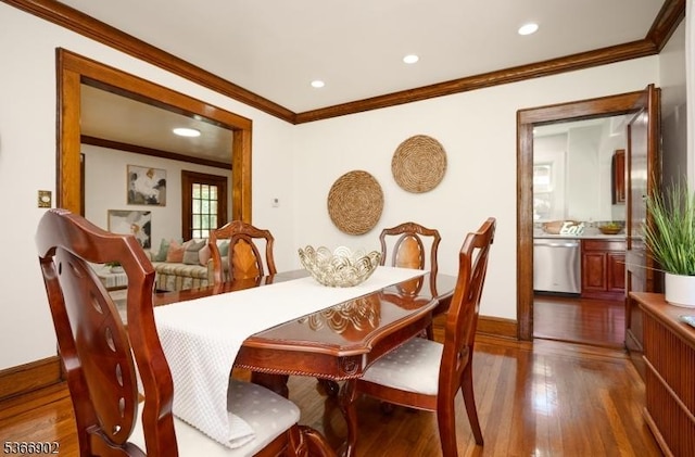 227 Parker Ave, Maplewood Twp, NJ 07040 - dining area featuring crown molding, dark wood-type flooring, and recessed lighting
