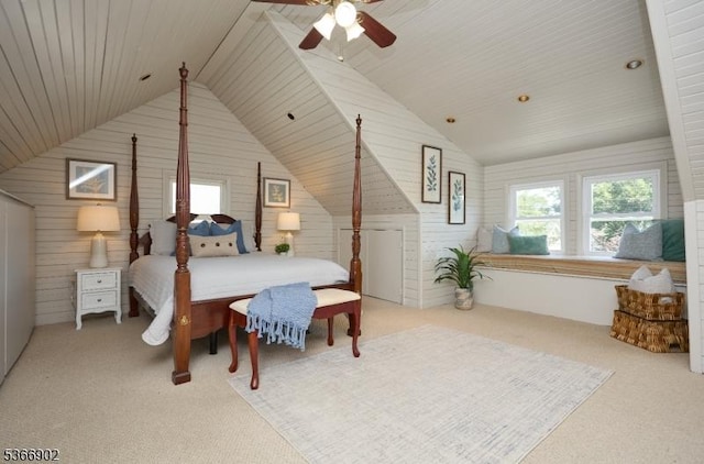 227 Parker Ave, Maplewood Twp, NJ 07040 - carpeted bedroom with vaulted ceiling, wood walls, and ceiling fan