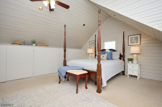 227 Parker Ave, Maplewood Twp, NJ 07040 - carpeted bedroom featuring wooden walls, vaulted ceiling, and ceiling fan