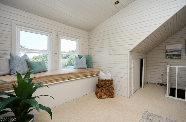 227 Parker Ave, Maplewood Twp, NJ 07040 - sitting room featuring vaulted ceiling, wooden walls, and light carpet