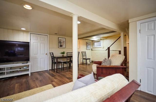 227 Parker Ave, Maplewood Twp, NJ 07040 - living room featuring wood finished floors, recessed lighting, and decorative columns
