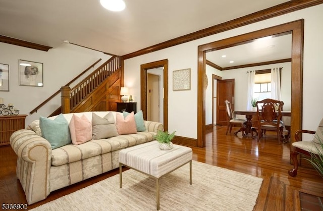 227 Parker Ave, Maplewood Twp, NJ 07040 - living room with crown molding, stairs, and wood finished floors