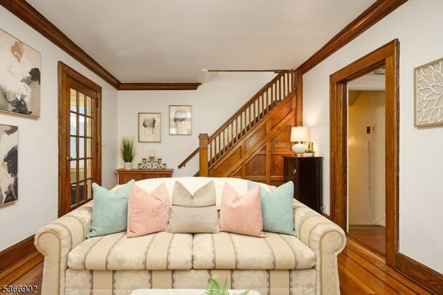227 Parker Ave, Maplewood Twp, NJ 07040 - living area with crown molding, wood finished floors, and stairway