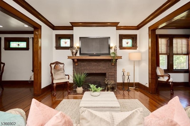 227 Parker Ave, Maplewood Twp, NJ 07040 - living room with ornamental molding, a brick fireplace, wood finished floors, and recessed lighting