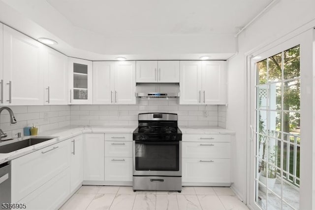 4106 Dilts Ln, Bridgewater Twp, NJ 08807 - kitchen featuring appliances with stainless steel finishes, under cabinet range hood, light marble finish floors, white cabinetry, and backsplash