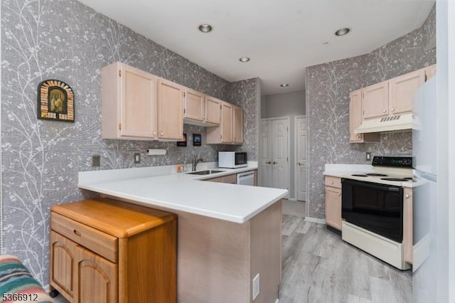 2 Richmond Rd Unit 214, West Milford Twp, NJ 07480 - kitchen with white appliances, under cabinet range hood, light countertops, light wood-type flooring, and a peninsula