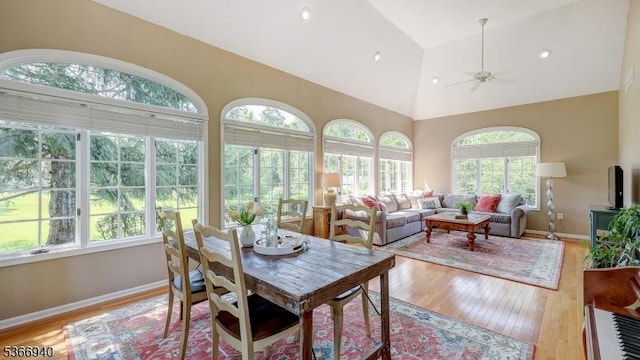 24 Montfort Dr, Montgomery Twp, NJ 08502 - dining room featuring plenty of natural light, a ceiling fan, light wood-style floors, high vaulted ceiling, and recessed lighting