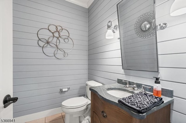 21 Partridge Rd, Readington Twp, NJ 08822 - bathroom with vanity, wooden walls, ornamental molding, and tile patterned floors