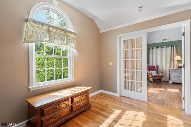 21 Partridge Rd, Readington Twp, NJ 08822 - doorway featuring healthy amount of natural light, vaulted ceiling, light wood finished floors, and ornamental molding