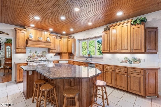 21 Partridge Rd, Readington Twp, NJ 08822 - kitchen with wood ceiling, a kitchen breakfast bar, light tile patterned floors, a kitchen island, and custom exhaust hood