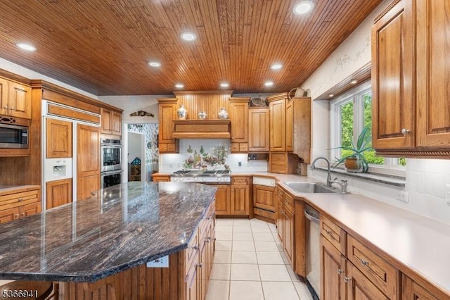21 Partridge Rd, Readington Twp, NJ 08822 - kitchen with built in appliances, wooden ceiling, recessed lighting, tasteful backsplash, and light tile patterned flooring