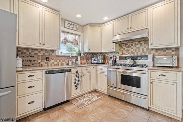 28 Old Beaver Run Rd, Lafayette Twp, NJ 07848 - kitchen featuring appliances with stainless steel finishes, cream cabinets, under cabinet range hood, tasteful backsplash, and recessed lighting