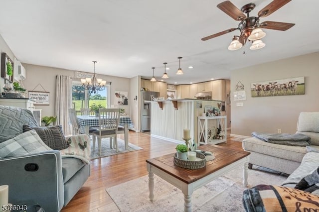 28 Old Beaver Run Rd, Lafayette Twp, NJ 07848 - living room featuring ceiling fan, a chandelier, light wood finished floors, recessed lighting, and a wall mounted AC