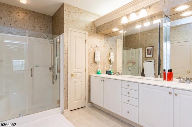 8202 Westover Way Unit 8202, Franklin Twp, NJ 08873 - full bathroom with wallpapered walls, tile patterned flooring, a stall shower, and double vanity